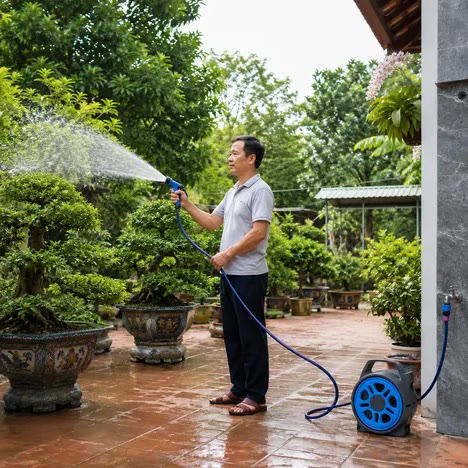 Tưới cây cảnh, bộ cuộn dây đặt gọn bên cạnh